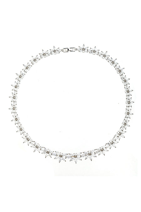 Silver leaf pendant necklace studded with CZ crystals.