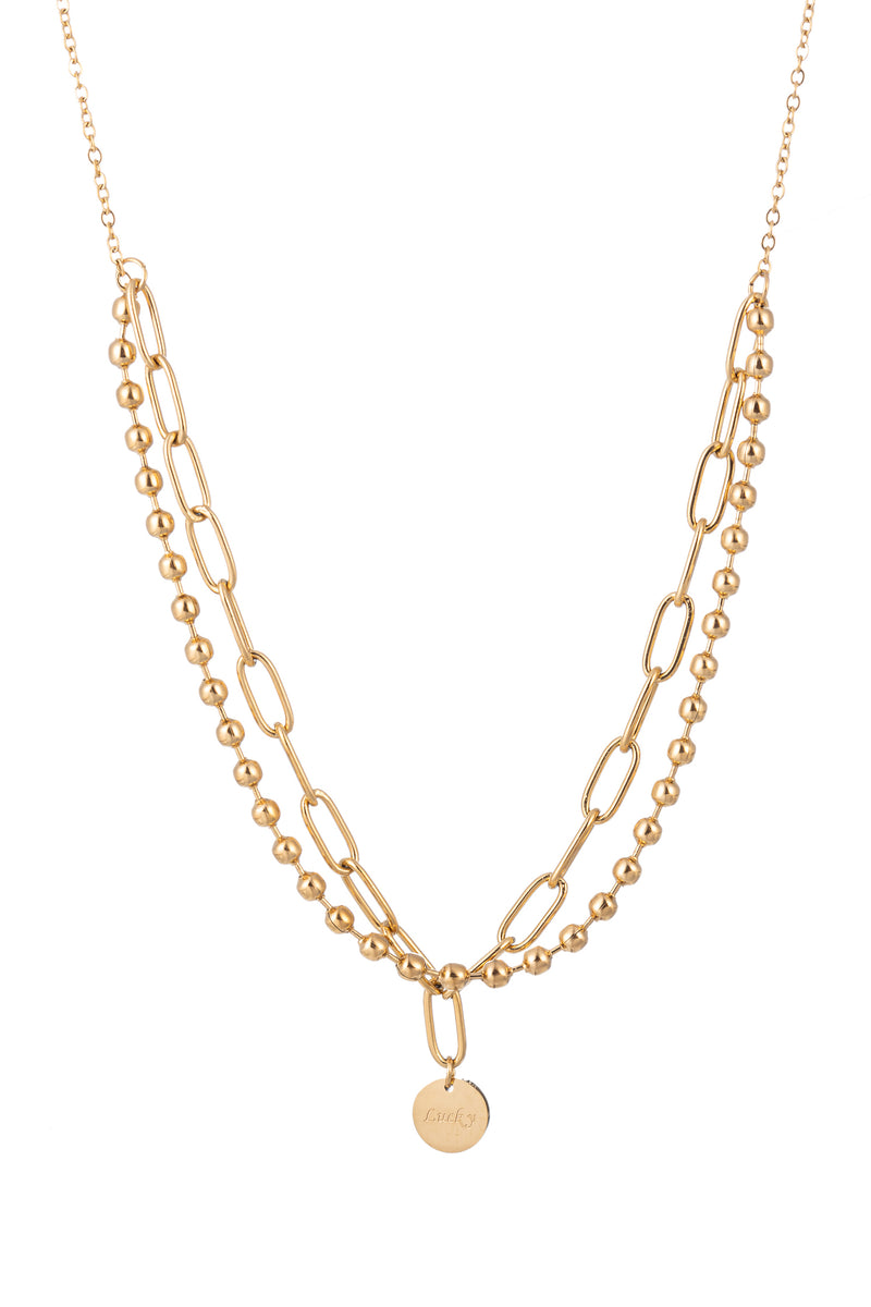 24k gold plated double necklace set with "lucky" pendant charm.