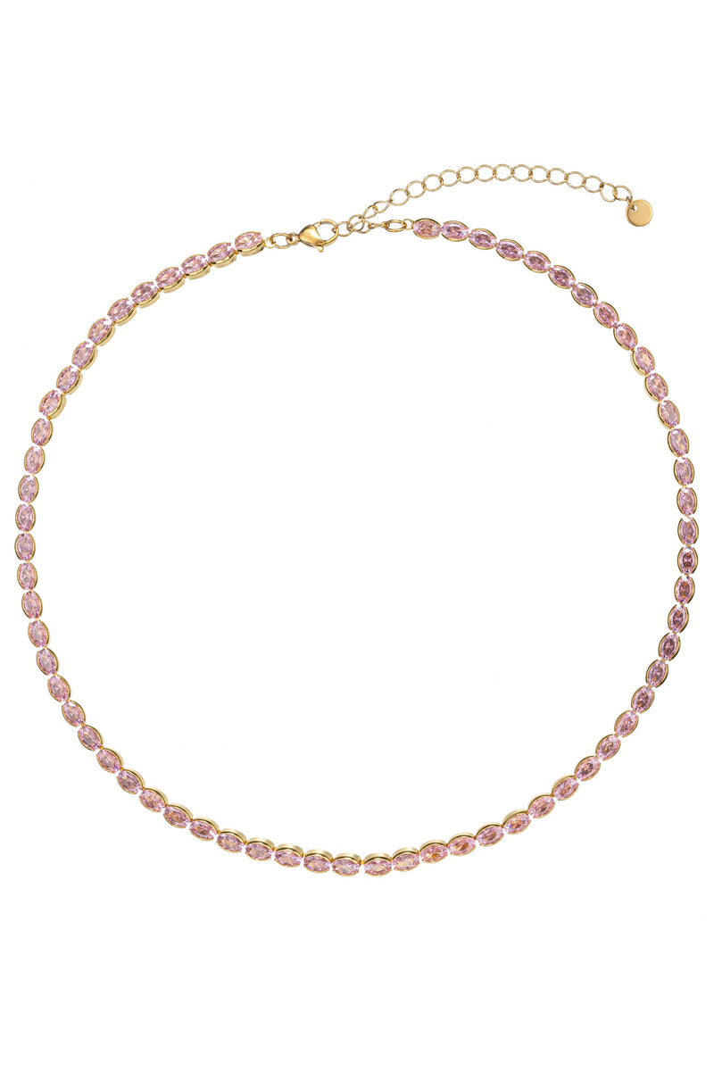 Elevate your elegance with this exquisite pink cubic zirconia tennis necklace, a perfect blend of charm and allure.