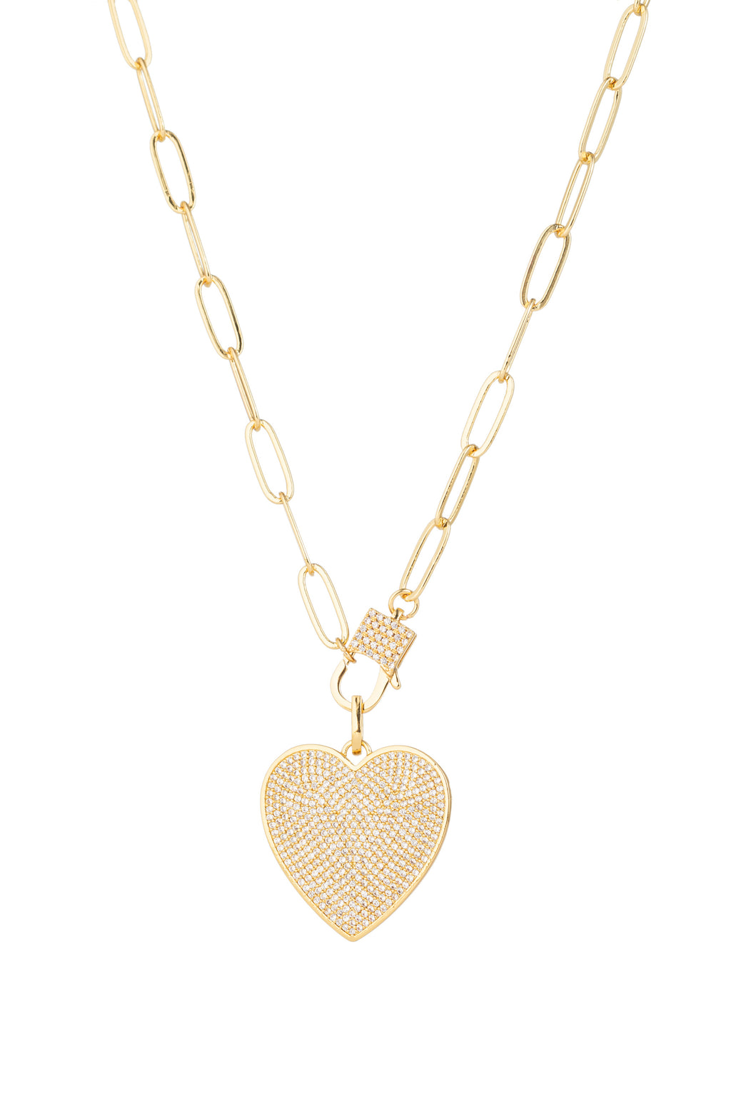 Sterling silver chain necklace with a brass heart pendant studded with cubic zirconia.