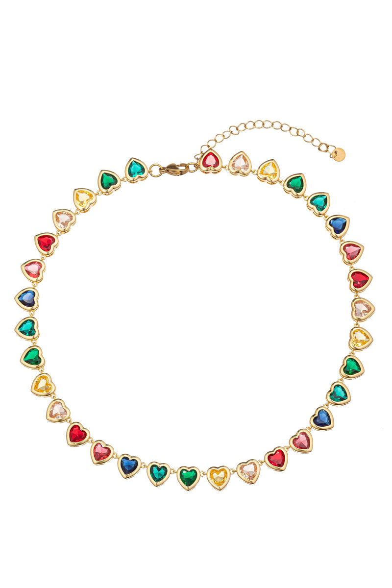 Embrace vibrant beauty with this rainbow-hued heart cubic zirconia tennis necklace, a symbol of joy and style combined