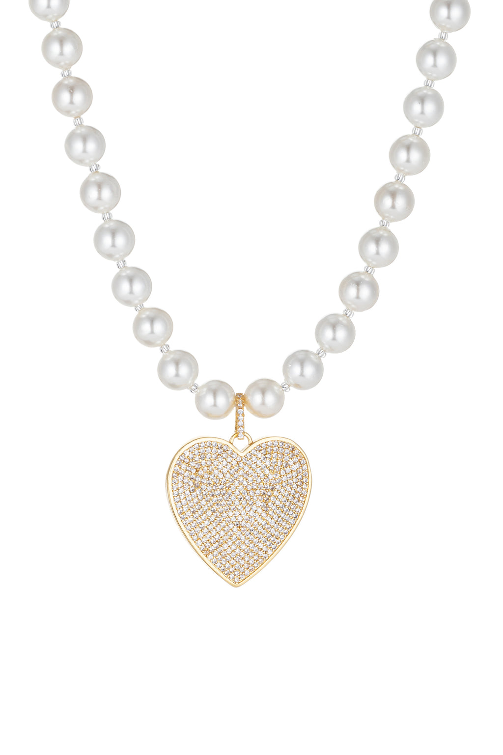 Shell pearl necklace with a heart pendant studded with CZ crystals.