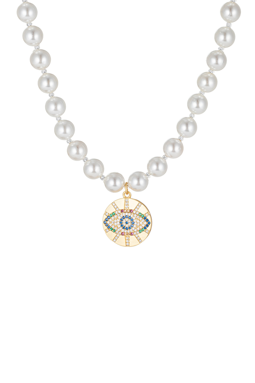 Shell pearl necklace with an evil eye pendant studded with CZ crystals.