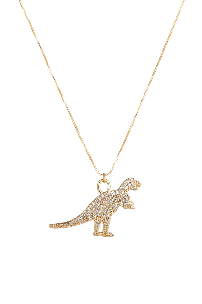 Sterling silver 18k gold plated necklace with brass CZ crystal t-rex pendant.