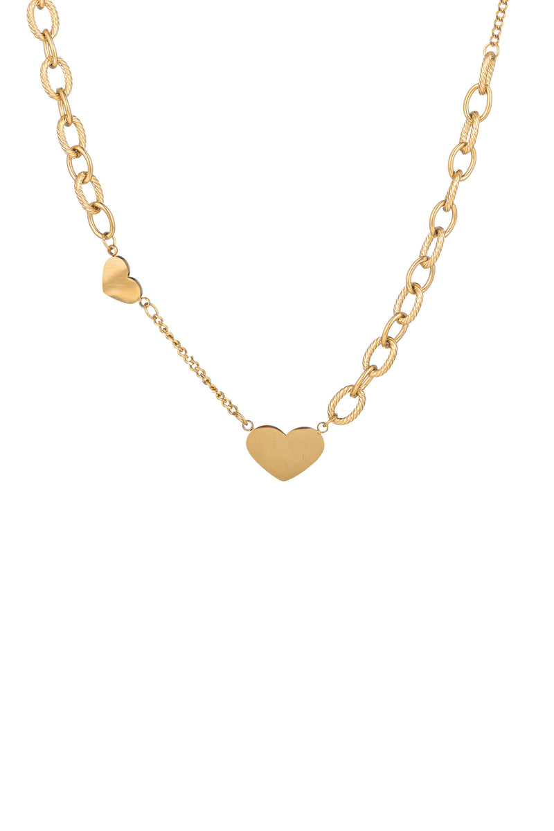 Gold tone titanium chain necklace with mini heart pendants.