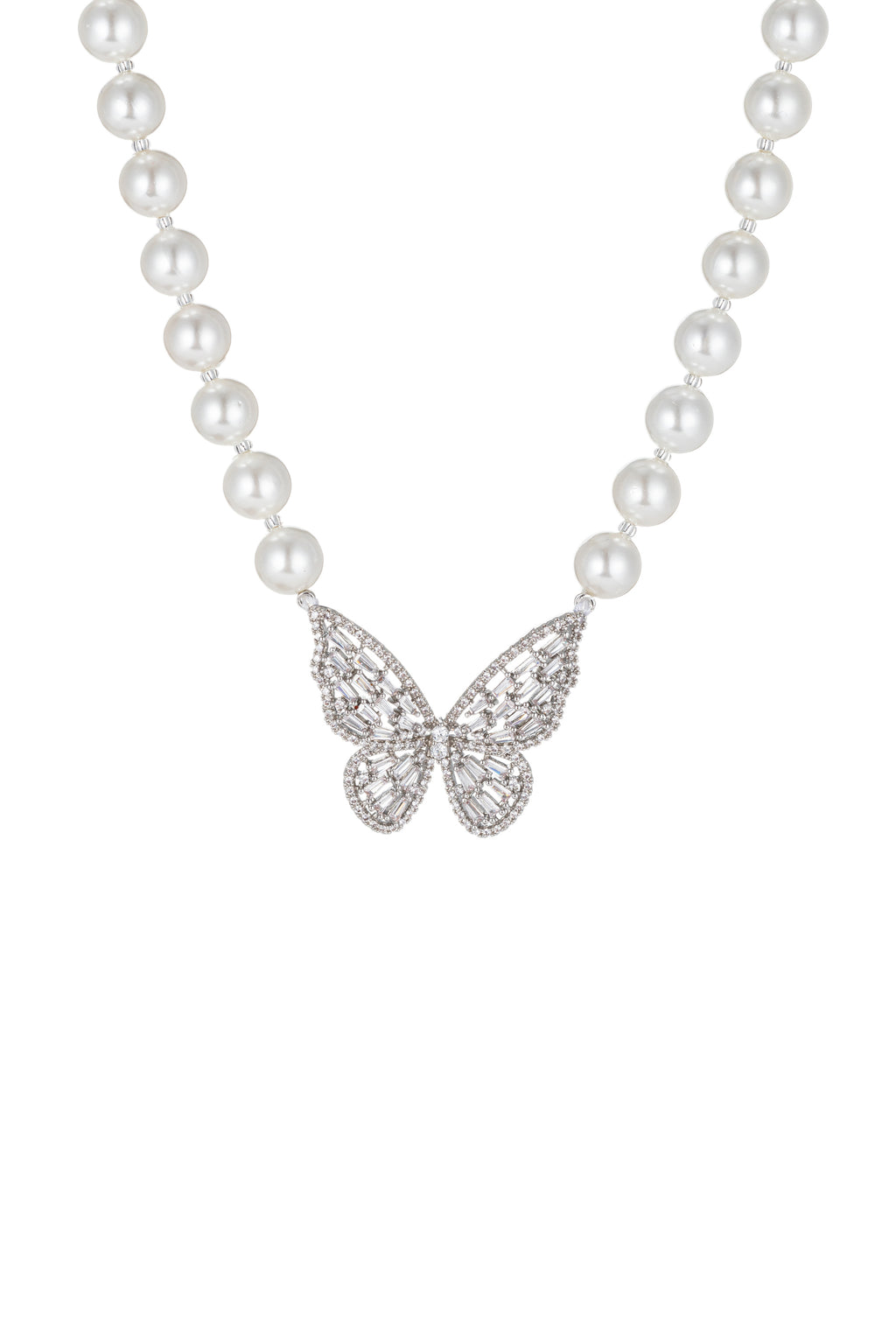 Butterfly shell pearl necklace with CZ crystals.