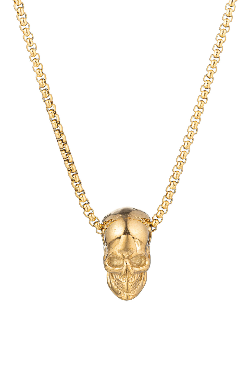 Gold tone titanium skull head pendant necklace.