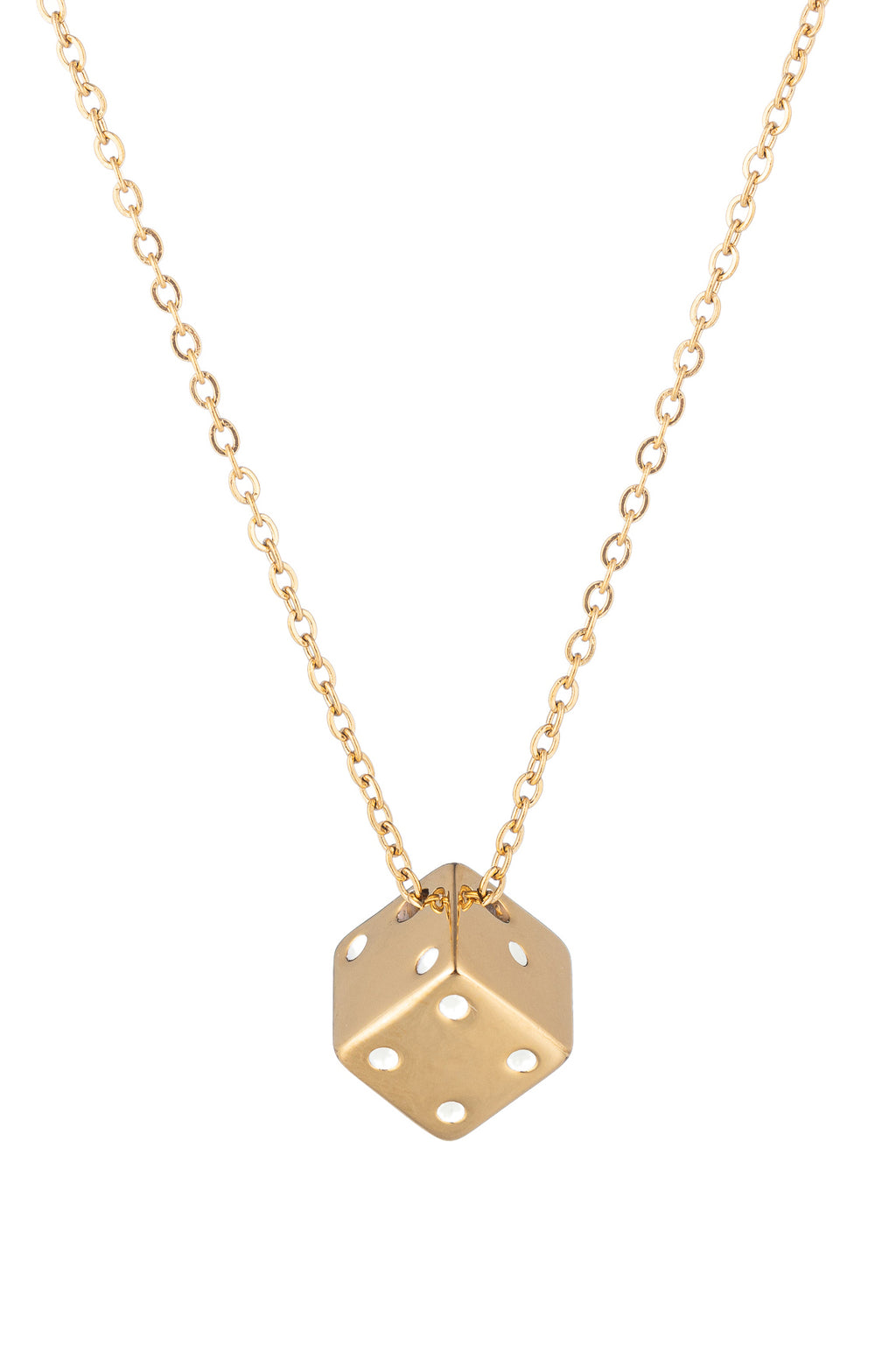 Gold tone titanium dice pendant chain necklace.