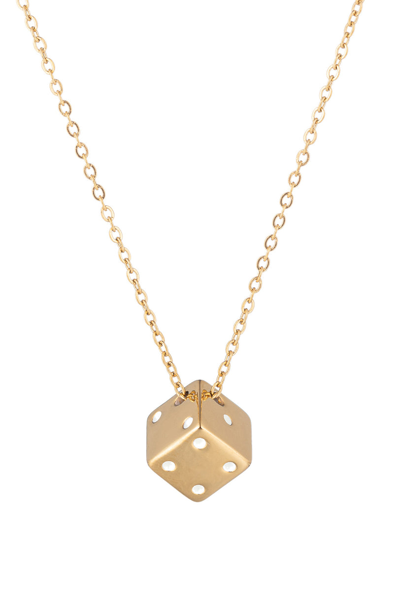 Gold tone titanium dice pendant chain necklace.