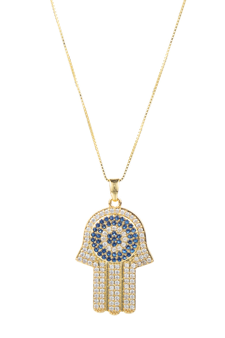 Gold tone sterling silver necklace with a blue CZ crystal studded hamsa pendant.