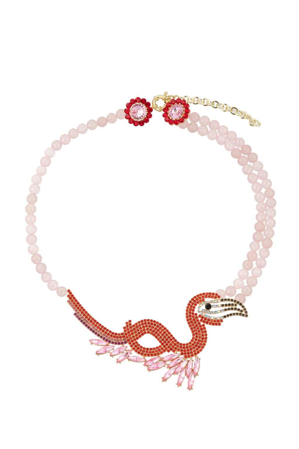 Rose quartz beaded statement necklace with a glass crystal flamingo pendant.