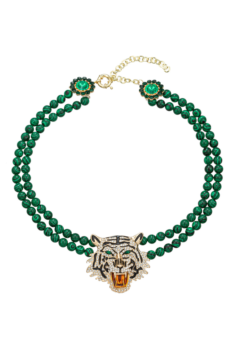 Green tiger's eye beaded statement necklace with a glass crystal tiger head pendant.