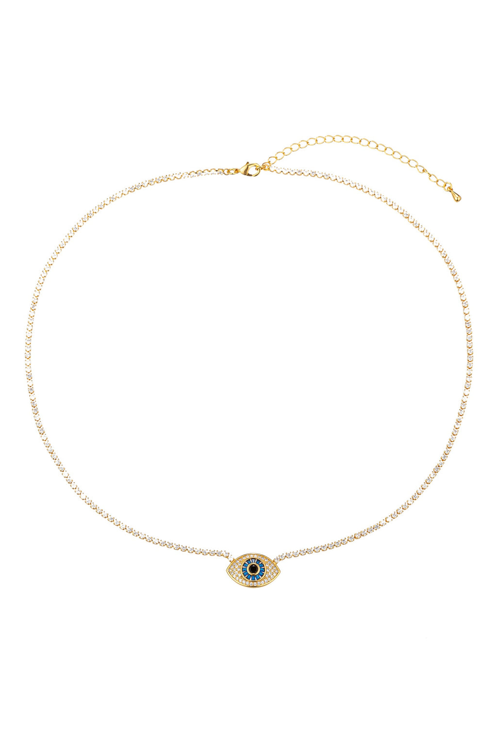 Embrace protection and style with this evil eye tennis necklace adorned with cubic zirconia, a chic and symbolic accessory.