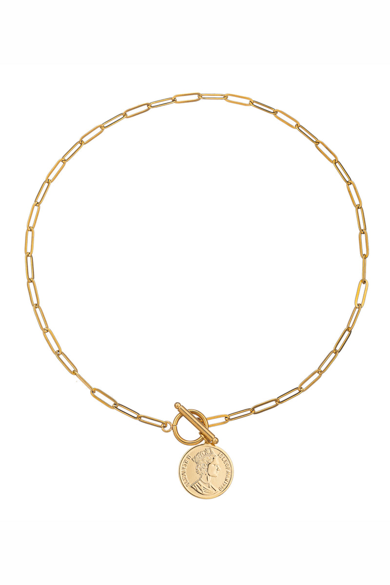 Gold tone brass coin pendant necklace & bracelet set on a paperclip band.