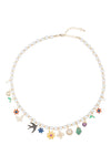 Shell pearl necklace with multicolored CZ crystal studded charms.