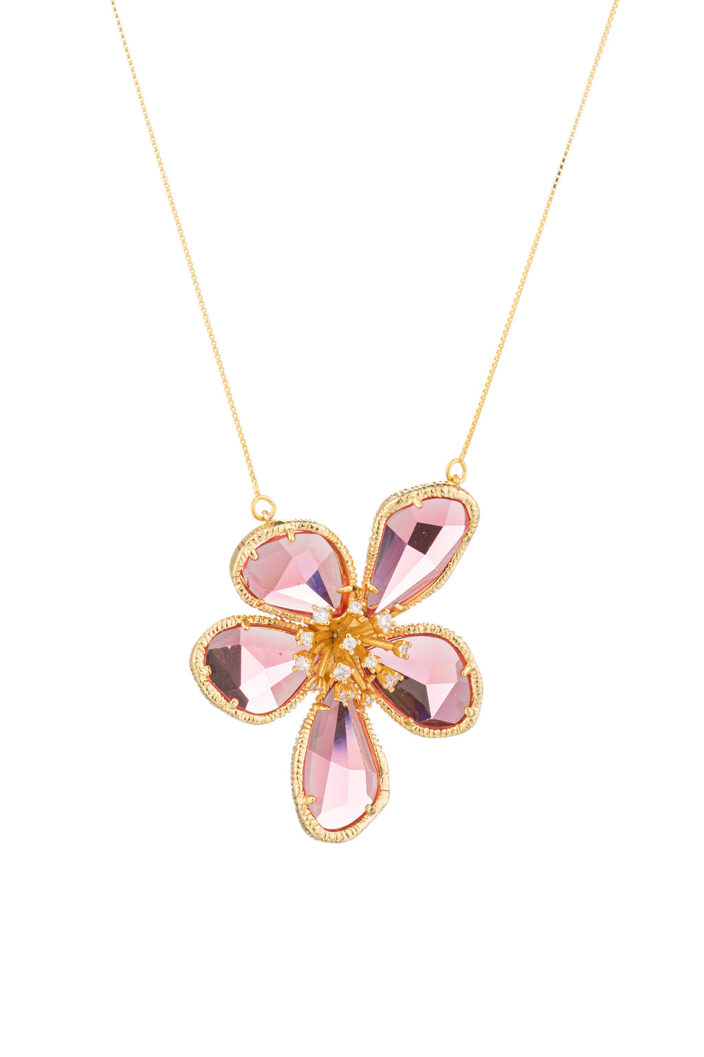 Gold tone sterling silver necklace with a CZ crystal flower pendant.