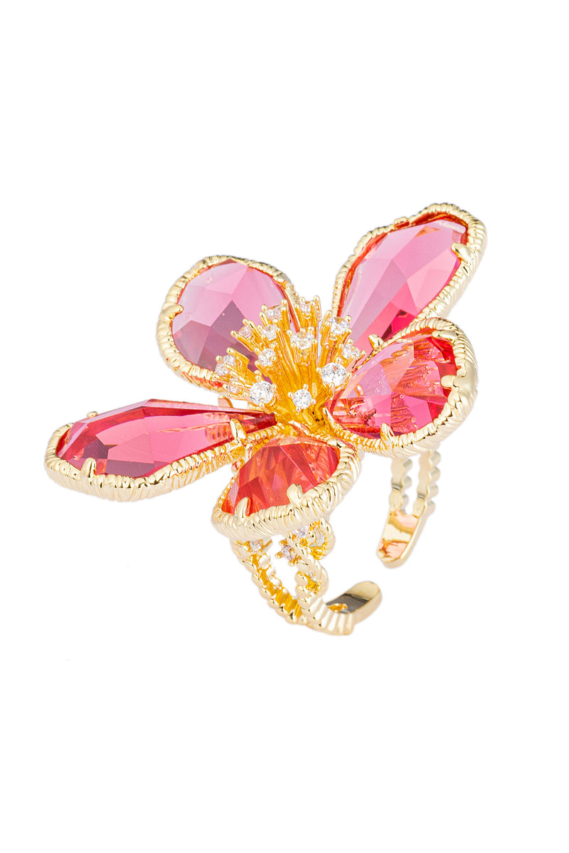 Adjustable pink and gold flower blossom ring studded with CZ crystals.
