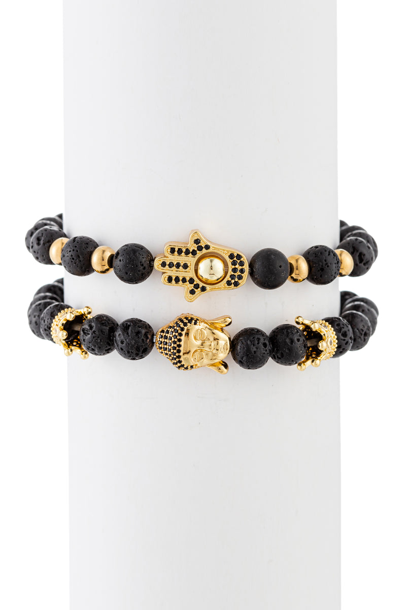 Hamsa + Buddha lava beaded stretch bracelet.