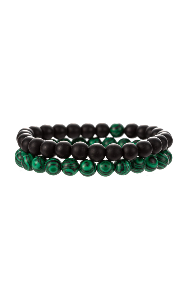 Malachite and black agate stretch beaded bracelet set.