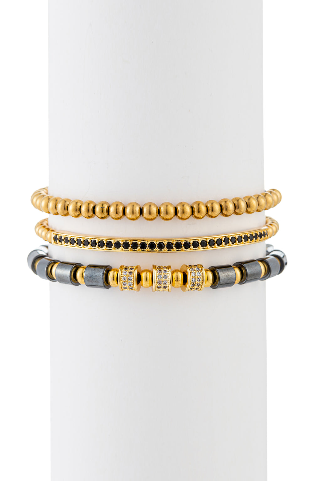 Gold titanium beaded bracelet set with lapis and brass CZ.