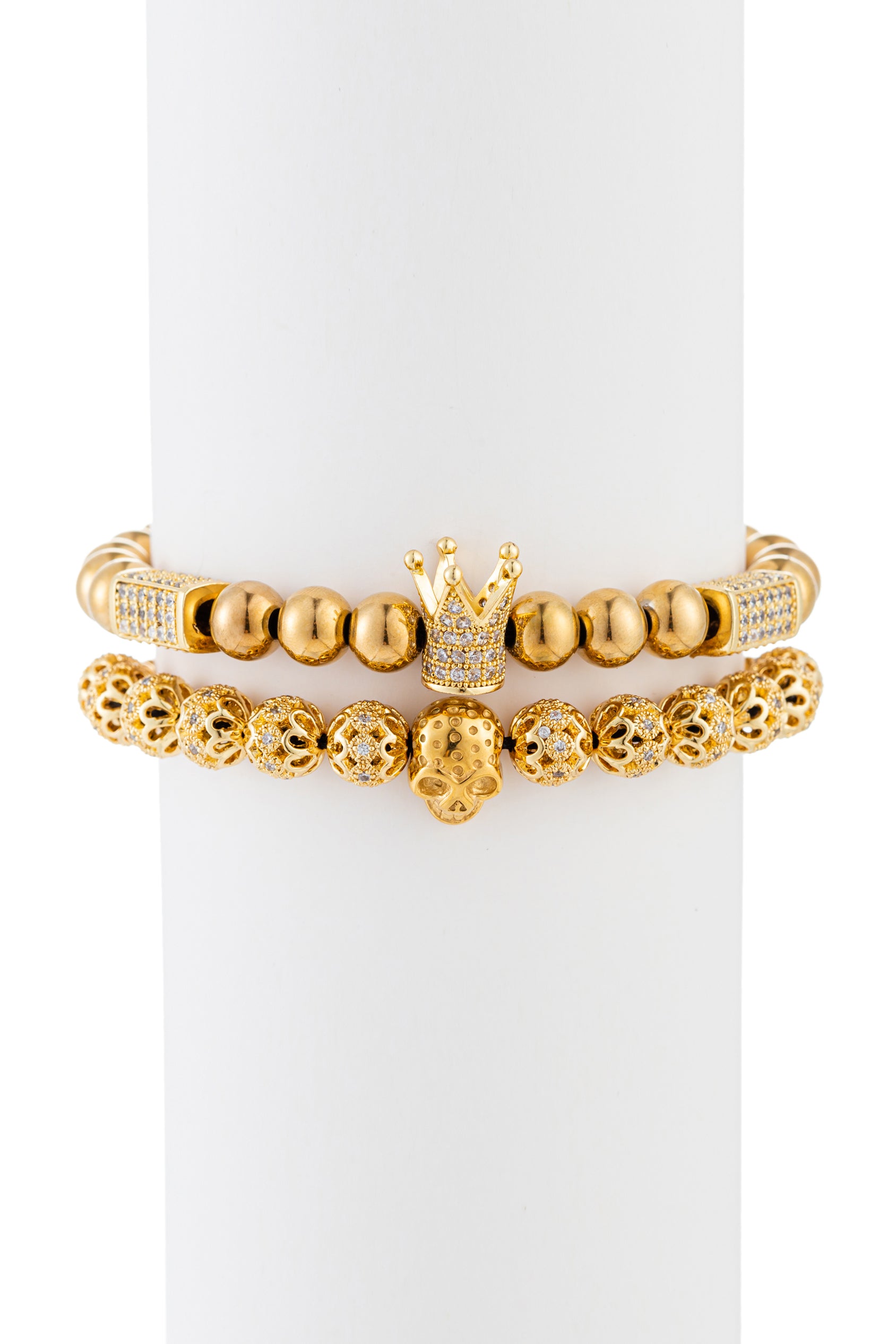 Gold titanium skull and crown beaded bracelet with brass CZ.