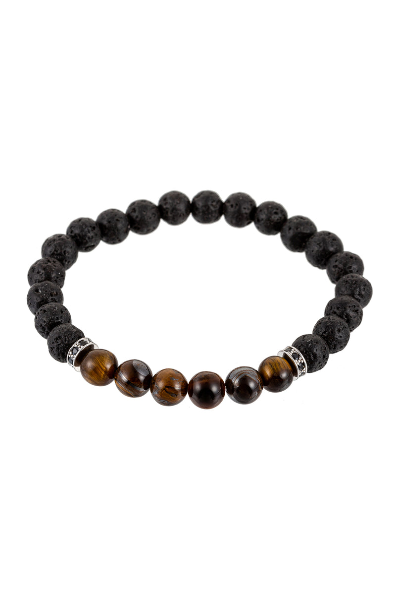 Beaded bracelet with rough black lava rock beads and smooth brown tiger eye beads.