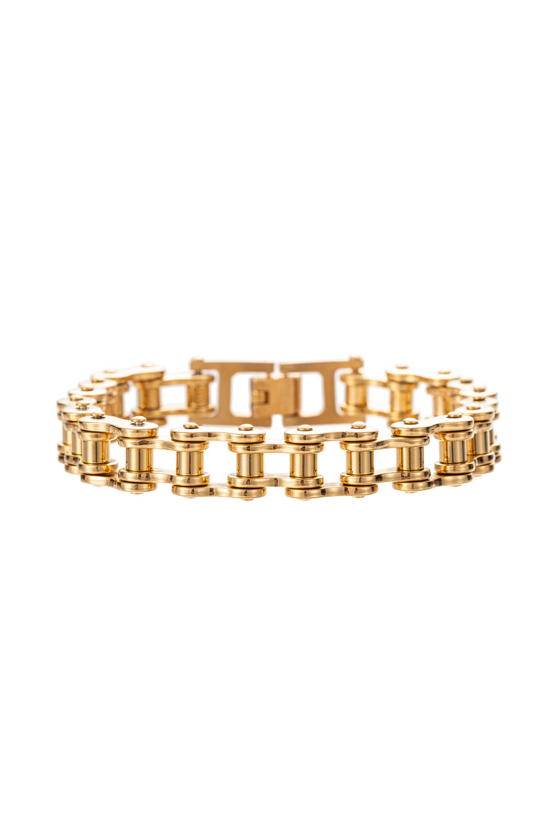 Gold tone titanium bicycle chain bracelet.