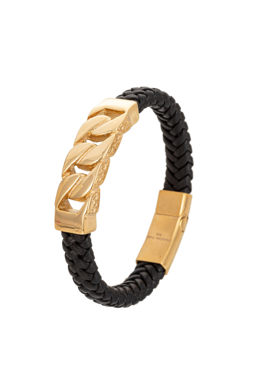 Gold Cuban link titanium bracelet with authentic leather.