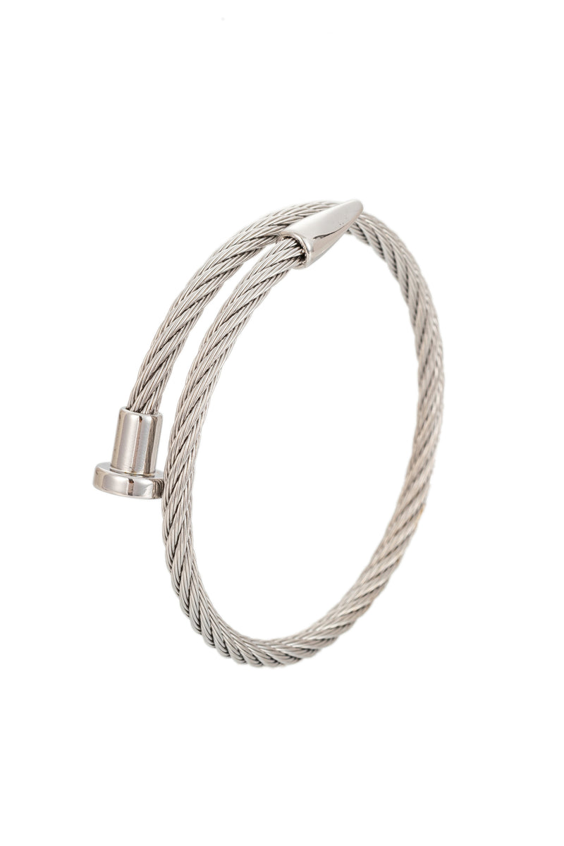 Silver cable titanium spike cuff bracelet.
