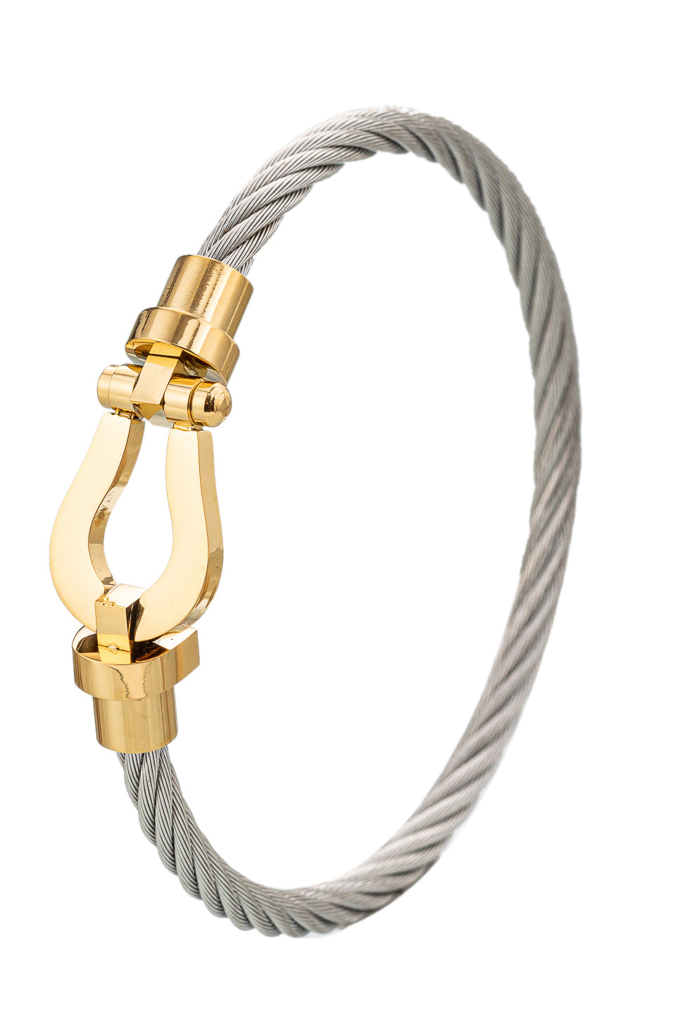 Silver tone titanium wire bracelet with a gold clasp.