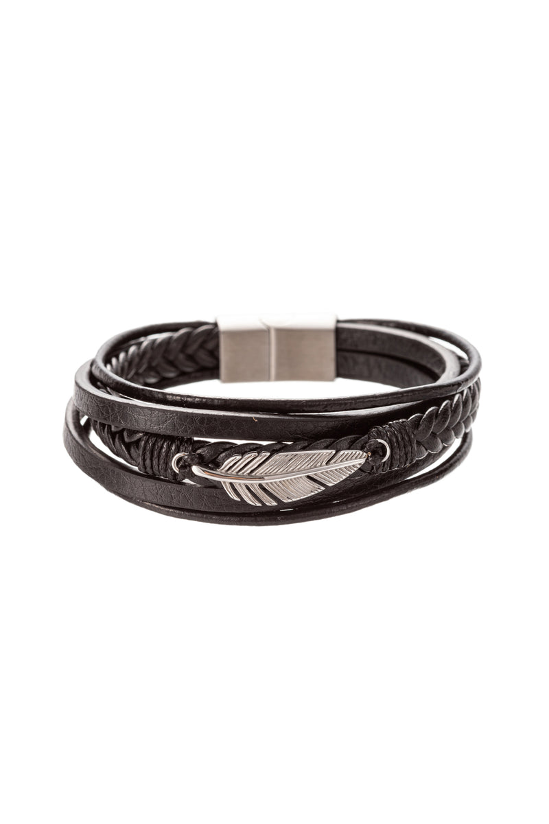 Silver titanium black faux leather feather pendant bracelet.