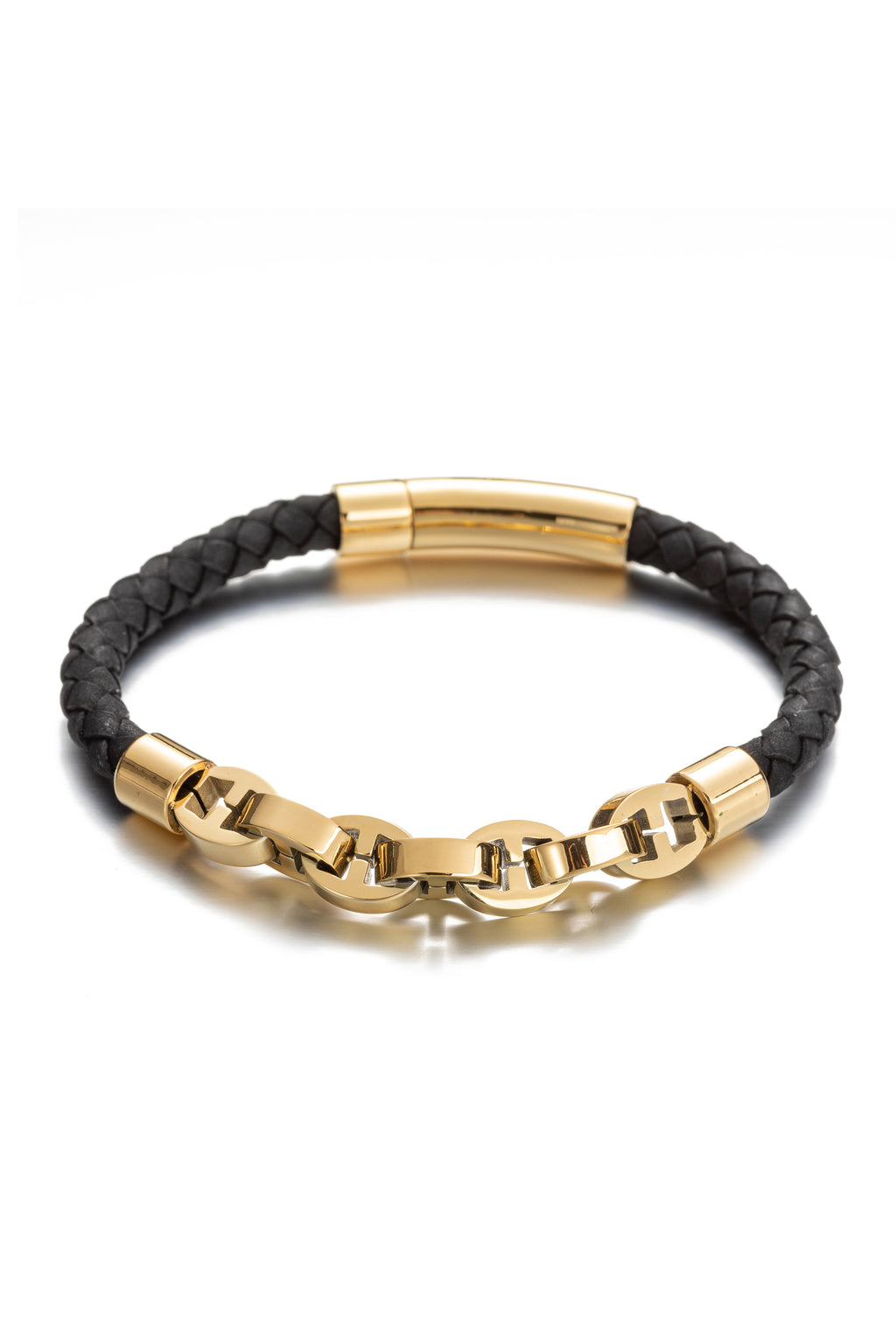 18k gold plated titanium leather braided bracelet.