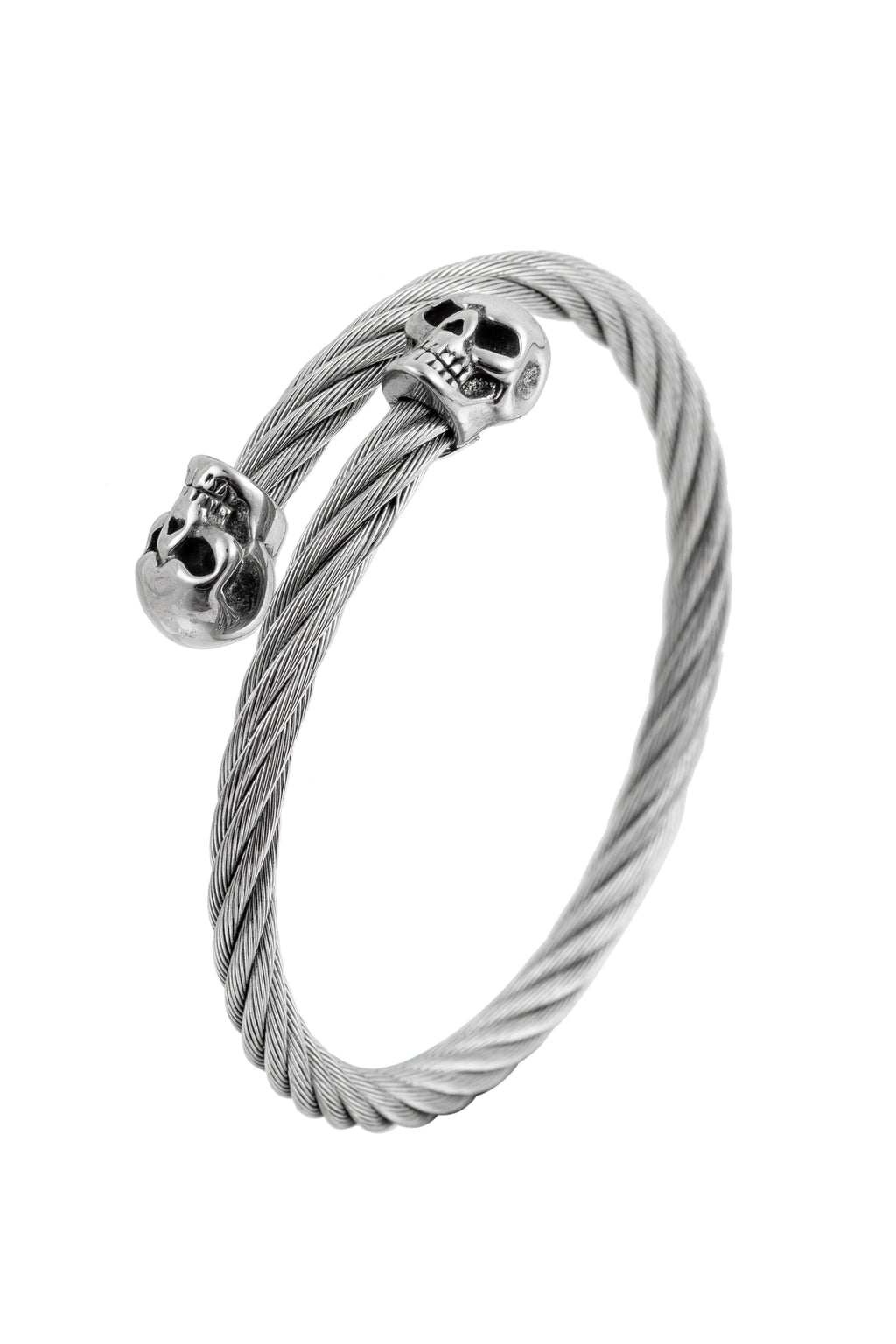Double skull titanium silver cuff wire bracelet.