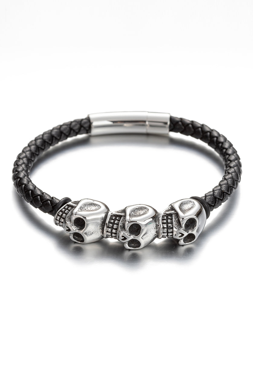 Skull head leather bracelet with titanium silver.