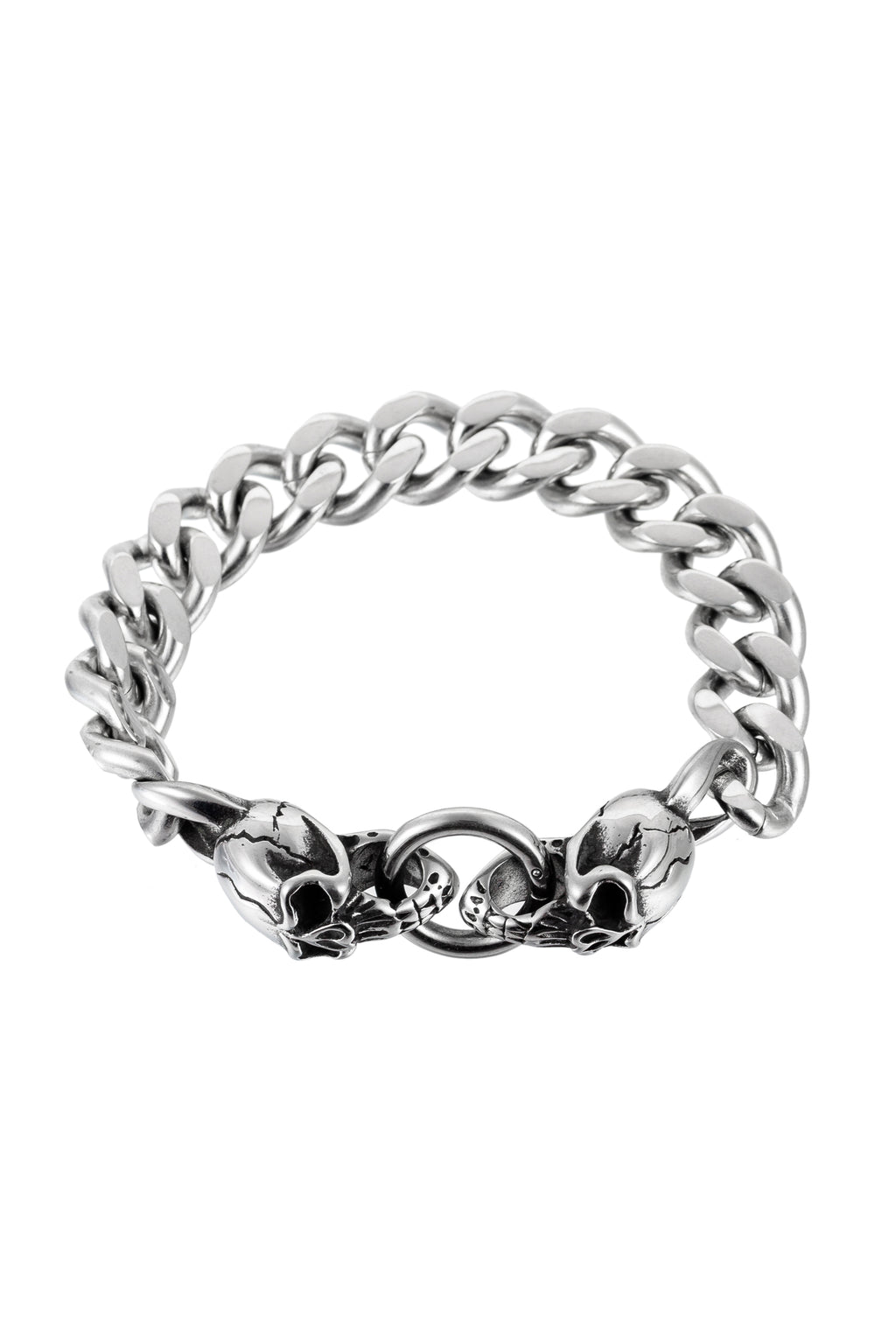 Double skull titanium silver cuban link bracelet.