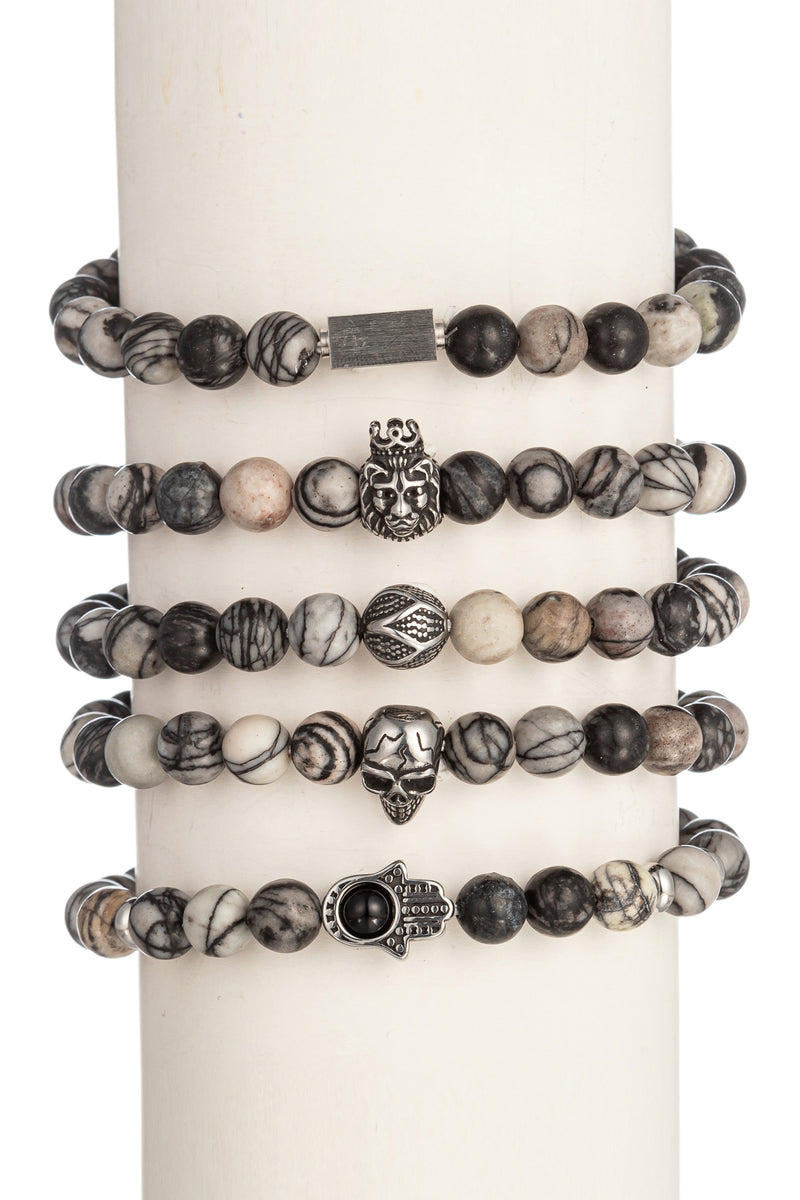 Agate multi stretch beaded bracelet set with titanium charms.
