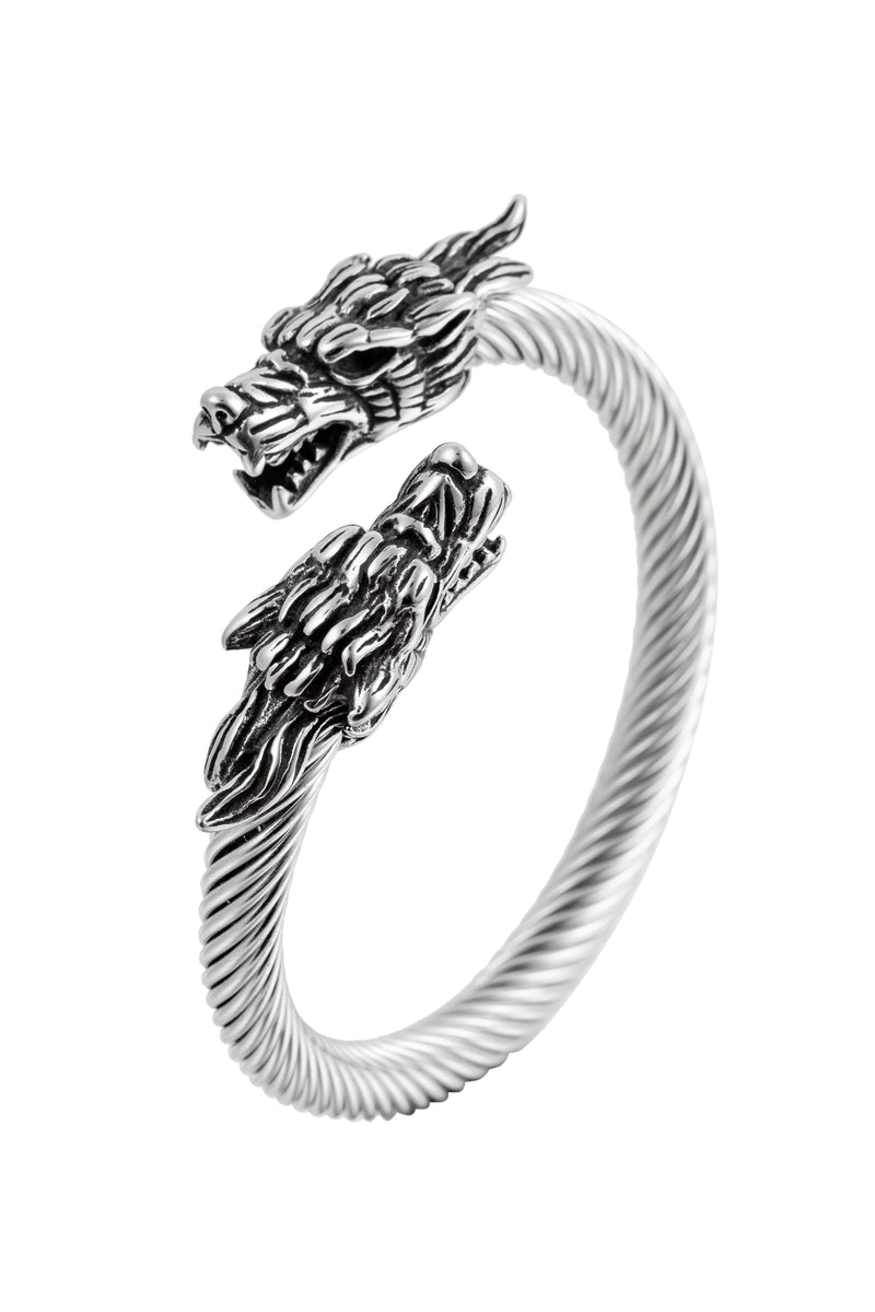 Double dragon titanium silver wire bracelet.