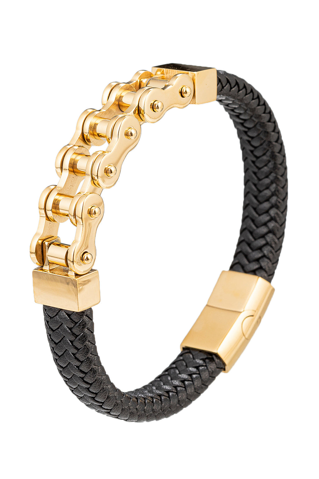Gold tone titanium and black authentic leather biker chain bracelet.