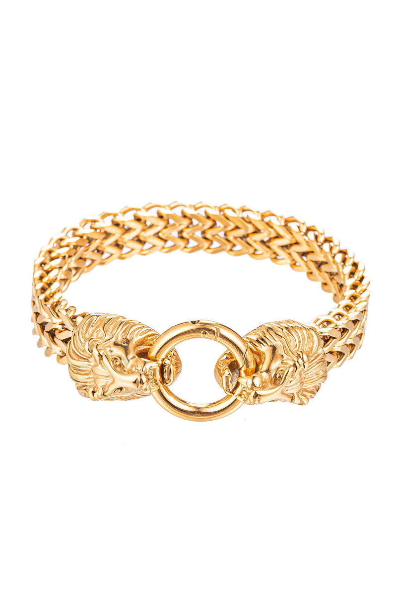Gold tone titanium double lion head chain bracelet.