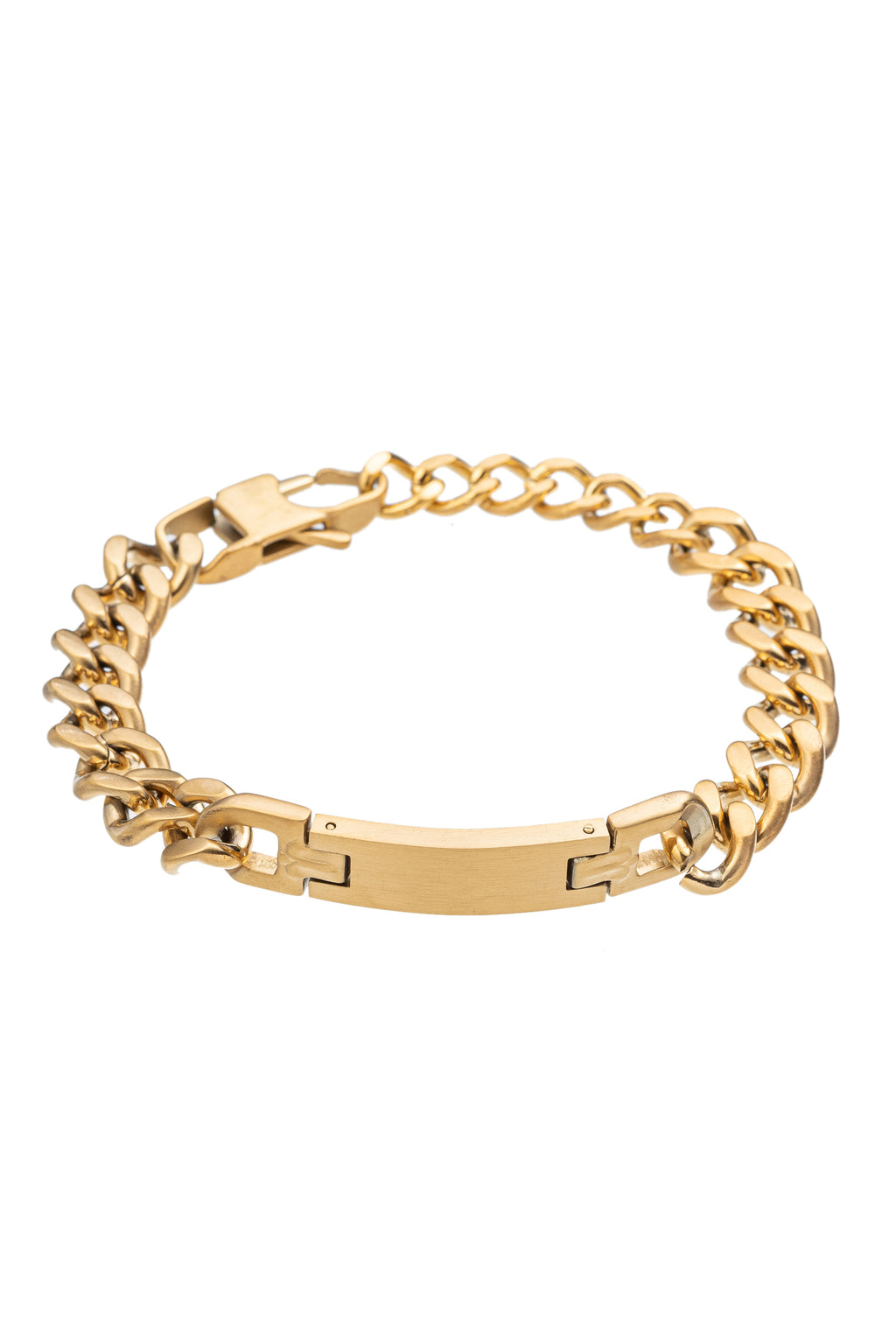 Gold tone brass name tag chain bracelet.