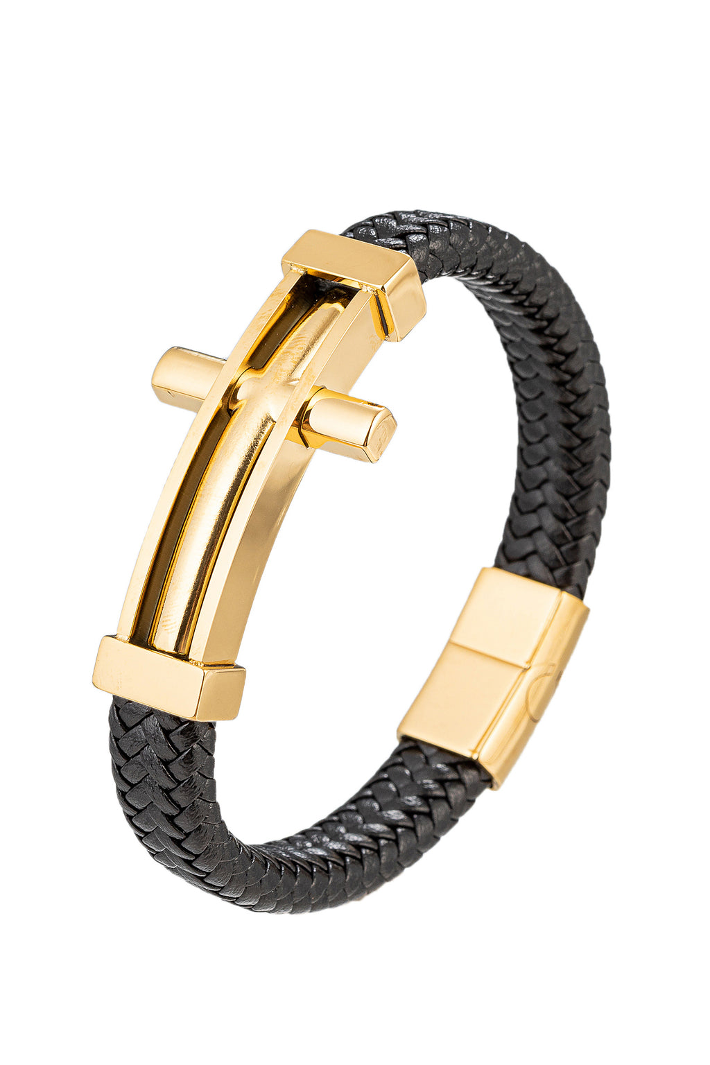 Gold tone titanium double cross pendant on a black leather bracelet.