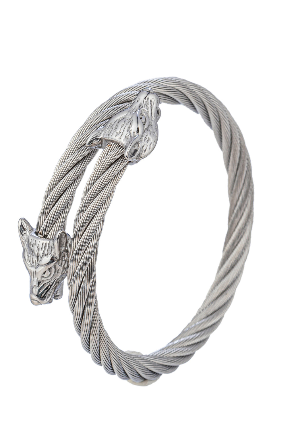 Silver titanium wolf head pendant cuff bracelet. 