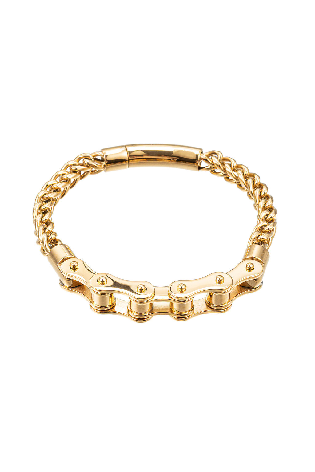 Gold tone titanium bike chain bracelet.