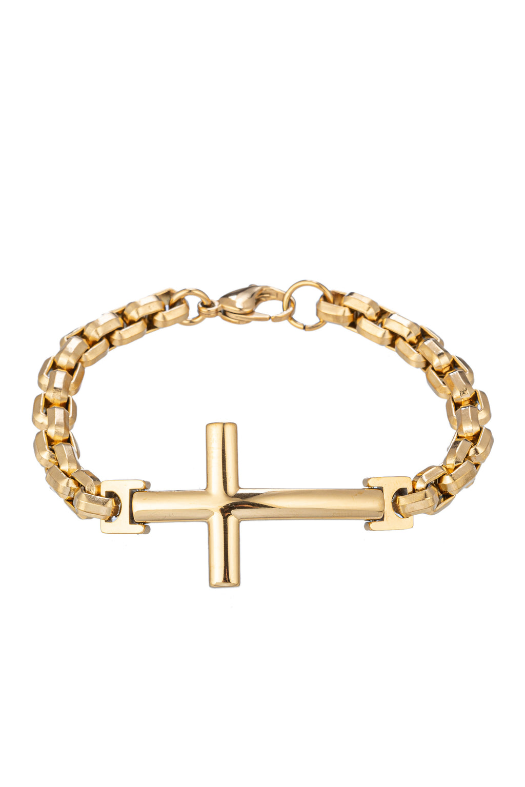 Gold titanium cross pendant chain link bracelet. 