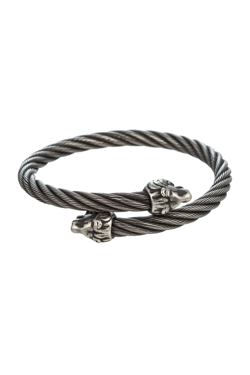 Silver tone titanium cuff bracelet with lion head pendant ends.
