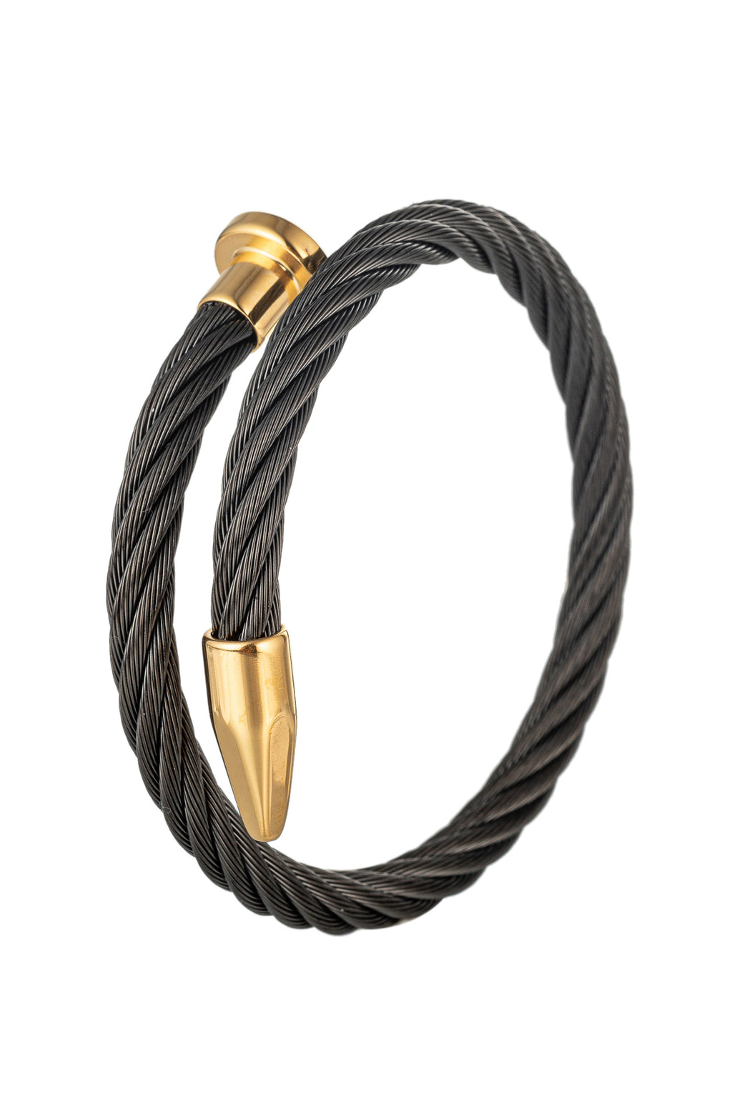 Black tone titanium cuff bracelet with gold spike ends.