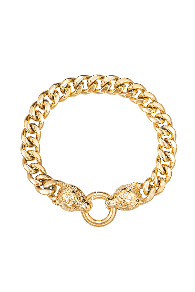Gold tone titanium wolf head chain bracelet.