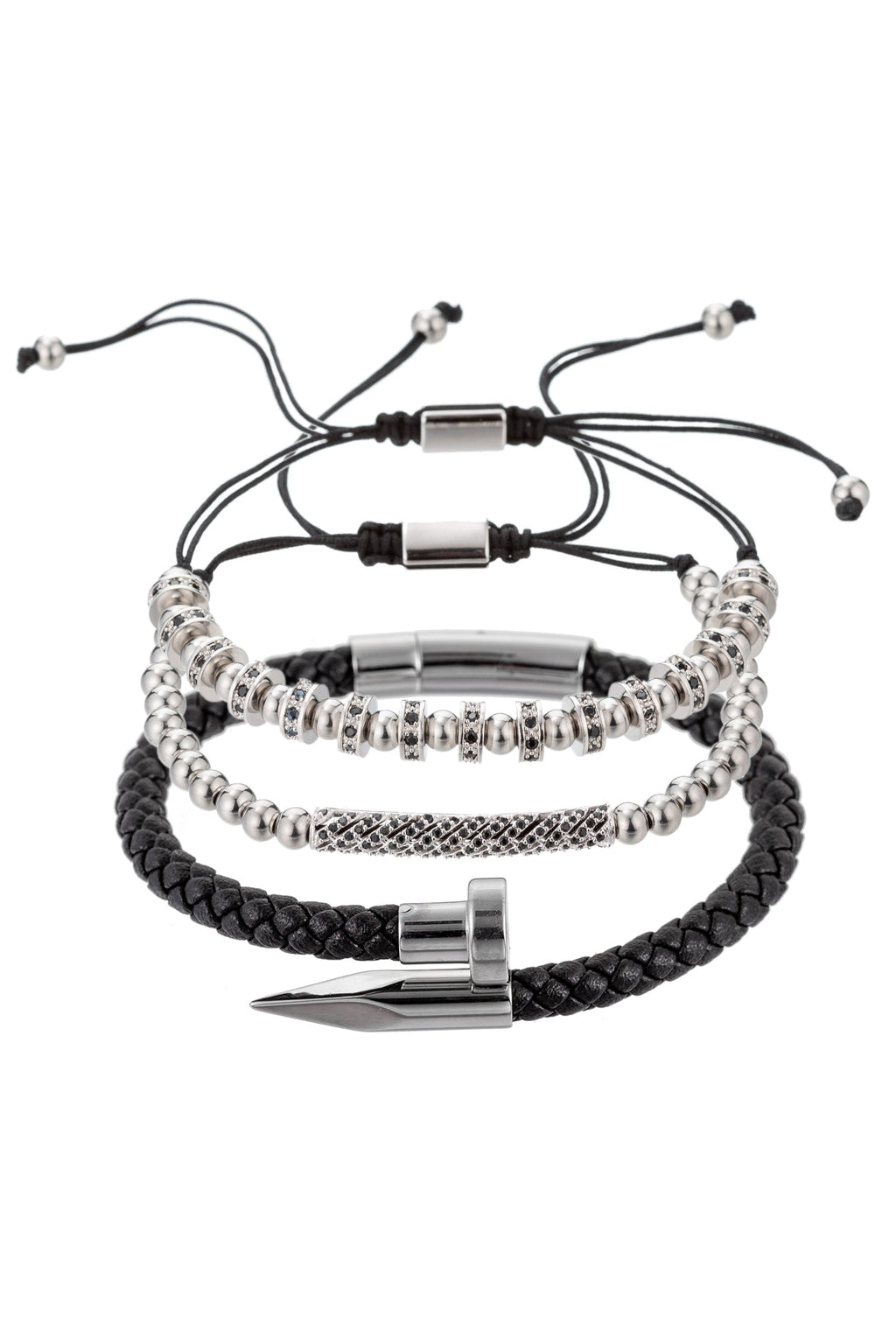 Solomun 3 Piece Leather and Brass Beaded Bracelet Set: A Perfect Blend of Fashion and Sophistication.