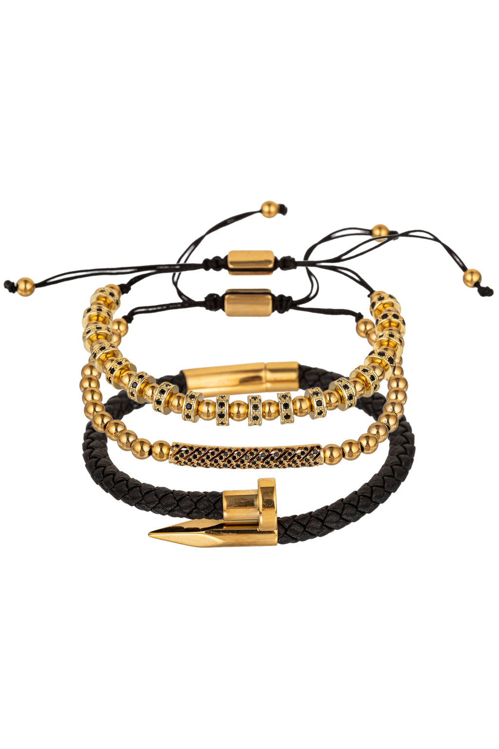 Solomun 3 Piece Leather and Brass Beaded Bracelet Set: Elevate Your Wrist Game with Style and Elegance.