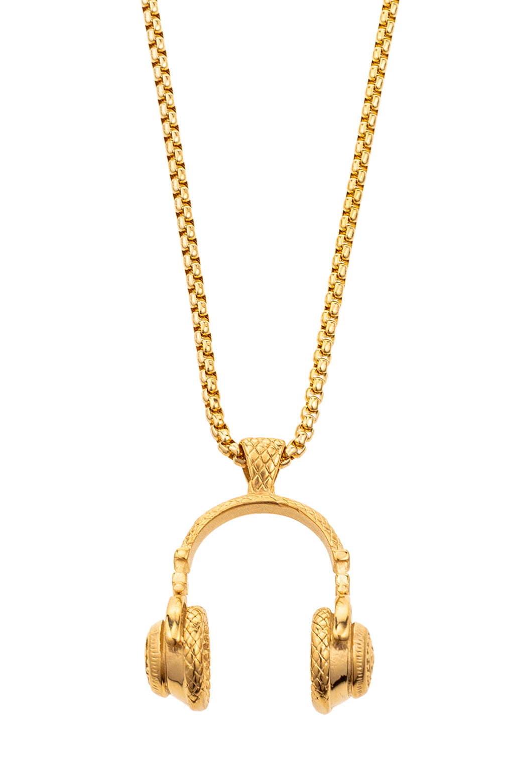 Small gold chain necklace with 1 inch pendant. Pendant is gold pair of old school headphones.